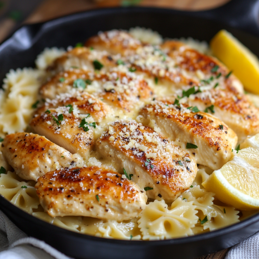 Creamy Lemon Garlic Chicken with Parmesan Bowtie Pasta