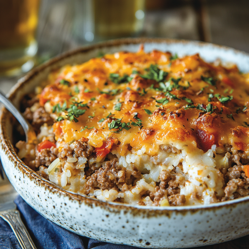 Cheddar-Crusted Ground Beef and Rice Casserole