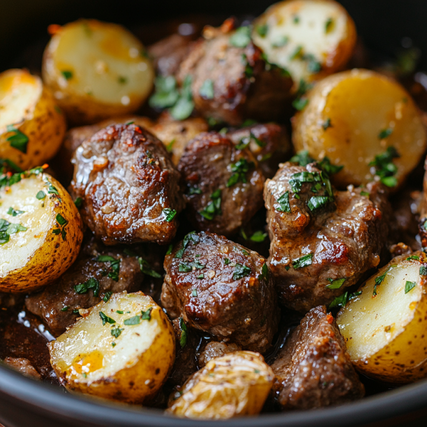 Slow Cooker Garlic Butter Beef Bites & Potatoes